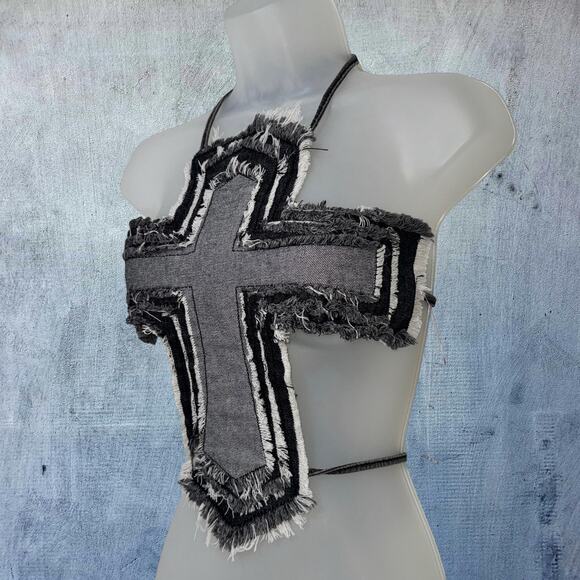 New Small Denim Fringe Cross Backless Halter Top Crop Blouse Sleeveless Sexy - Picture 3 of 5